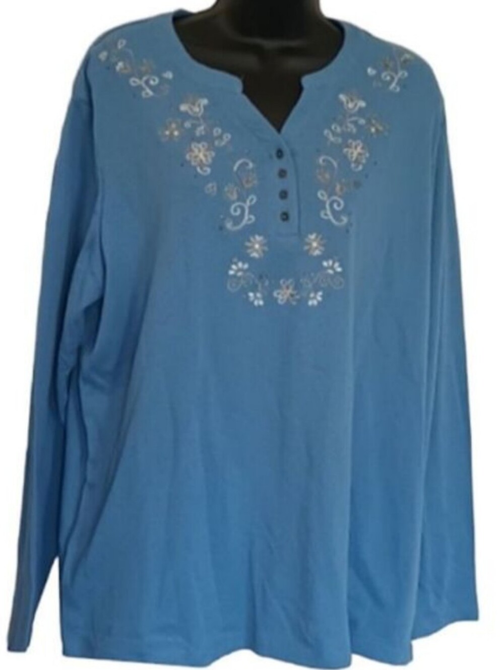 BLAIR Blue Split neck Waffle knit Floral Embroidered Top SIZE XL - Picture 9 of 9